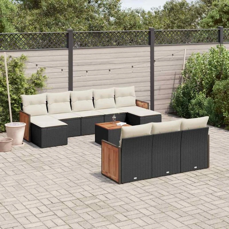 Havesofasæt 11 dele i polyrattan med hynder – sort