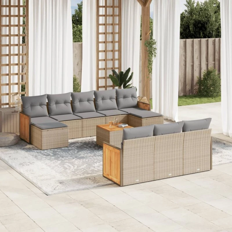 Havesofasæt 11 dele polyrattan beige m. hynder
