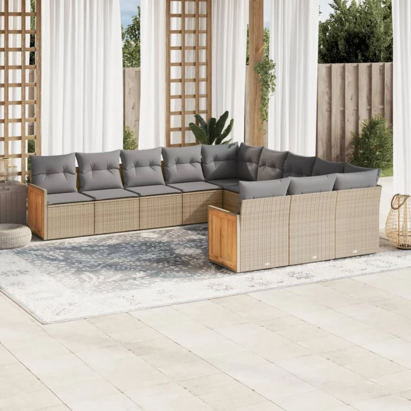 Havesæt 11 dele i polyrattan med hynder - beige