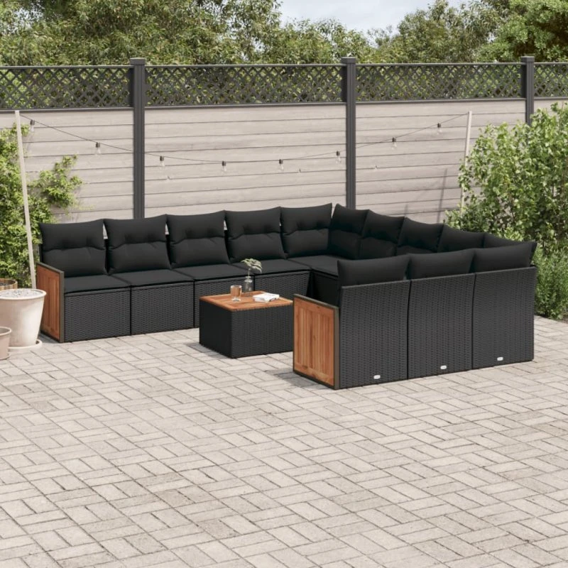 Havesofasæt 12 dele i sort polyrattan med hynder
