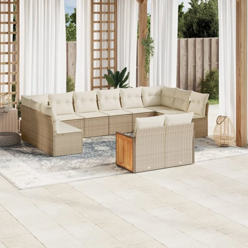 Havesofasæt 12 dele i polyrattan med hynder – beige