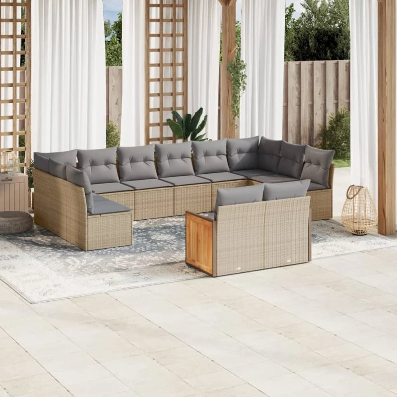 Havesofasæt 12 dele i polyrattan med hynder - Beige