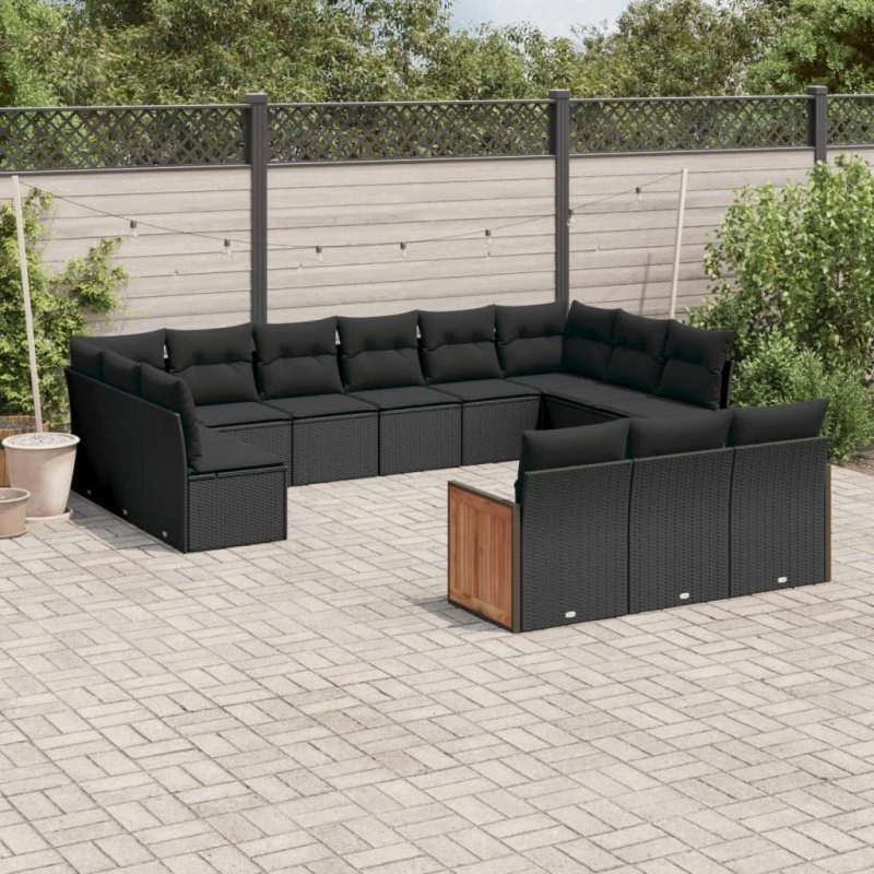 Havesofasæt 13 dele i sort polyrattan med hynder