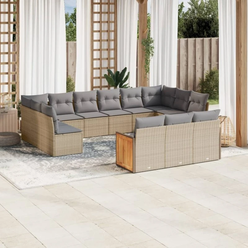 Havesofasæt 13 dele i polyrattan med hynder, beige
