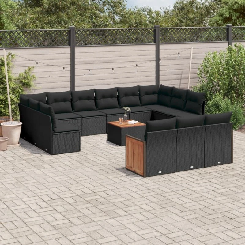 Havesofasæt 14 dele i sort polyrattan med hynder