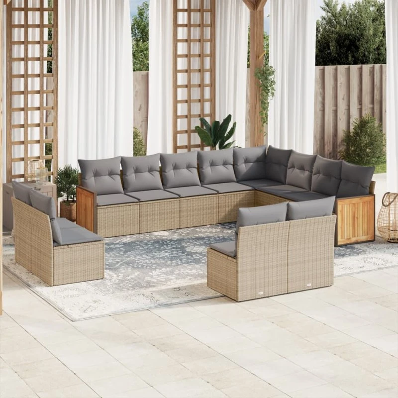 Havesofasæt 12 dele i polyrattan med hynder - Beige