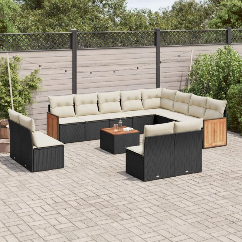 Havesofasæt 13 dele i sort polyrattan med hynder