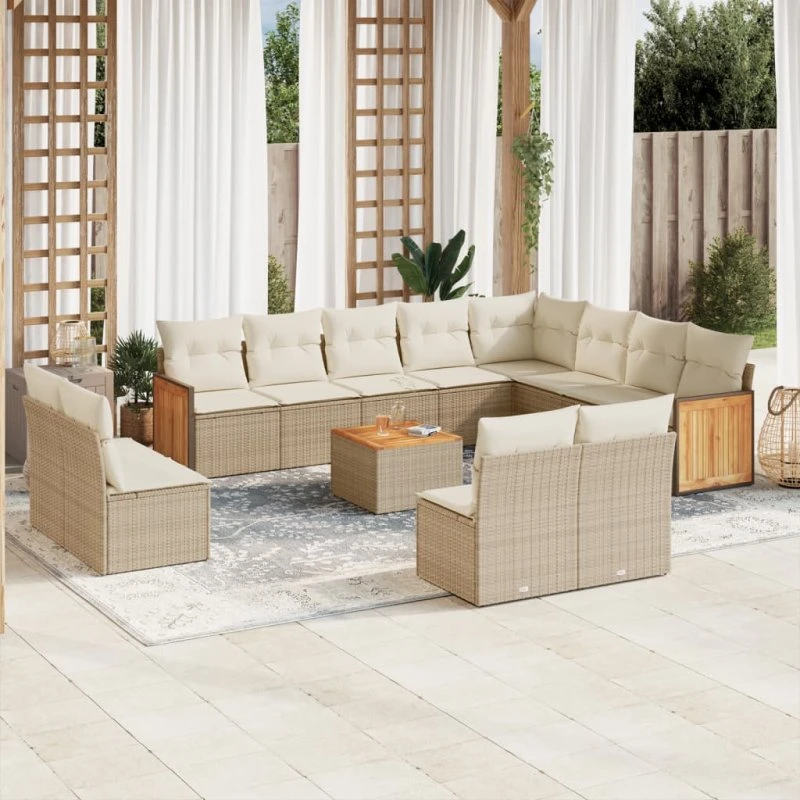 Havesofasæt 13 dele i polyrattan med hynder – beige