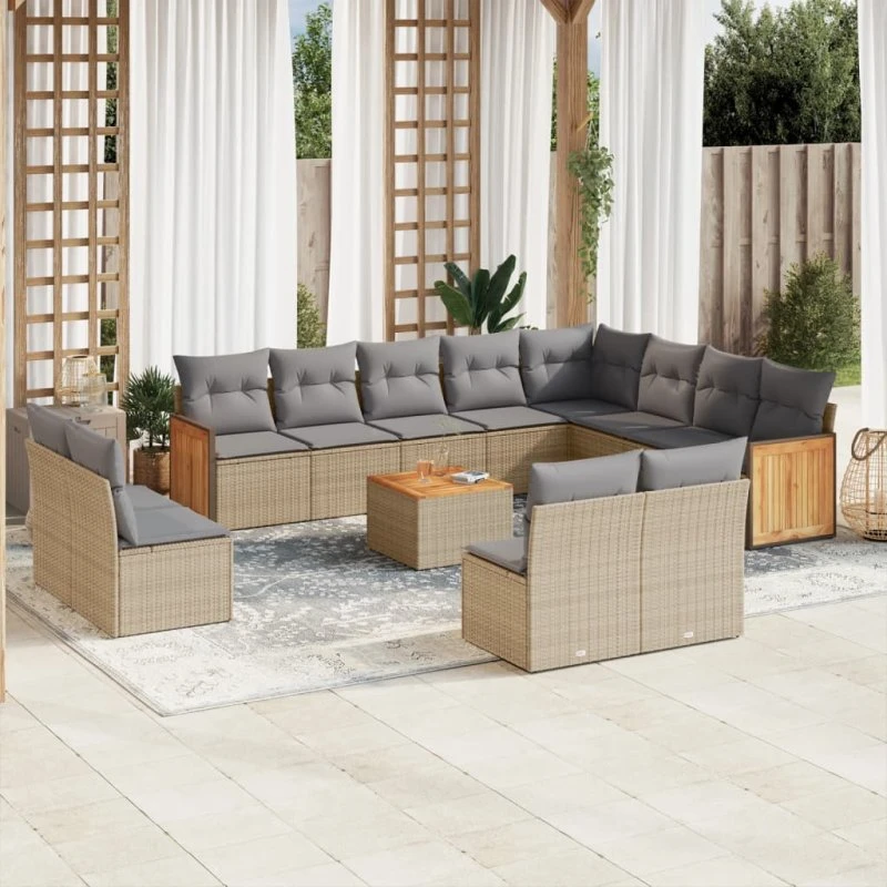 Havesofasæt 13 dele i polyrattan med hynder – Beige