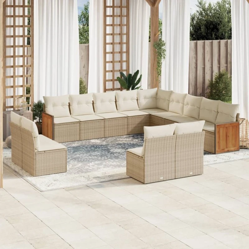 Havesofasæt 13 dele i polyrattan med hynder – Beige