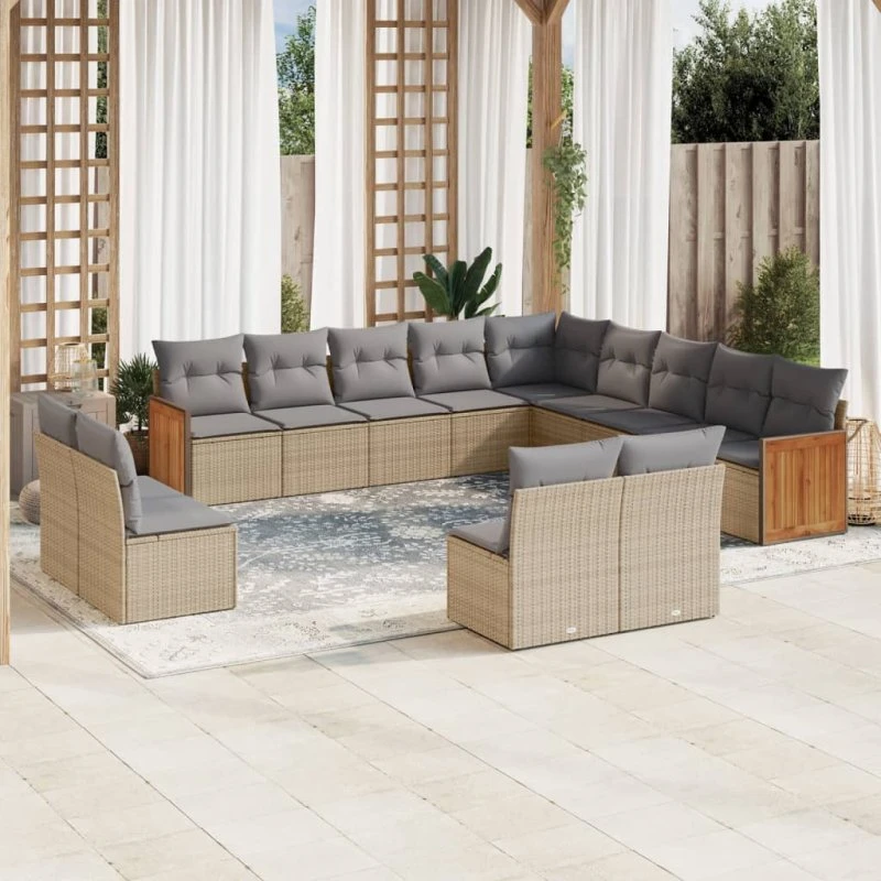 Havesofasæt 13 dele i beige polyrattan med hynder