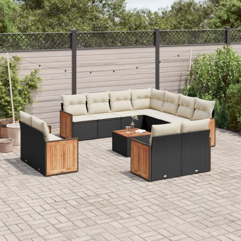 Havesofasæt 12 dele i sort polyrattan med hynder