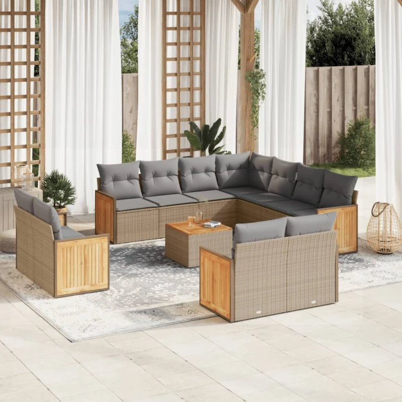 Havesofasæt 12 dele i polyrattan med hynder - beige