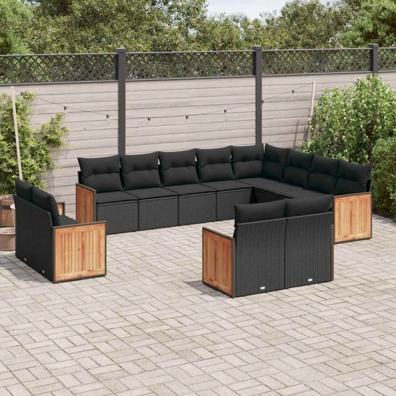 Sofasæt til haven 12 dele i sort polyrattan med hynder