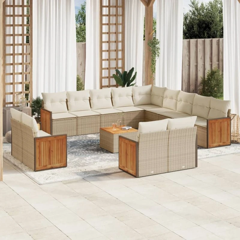 Havesofasæt 14 dele i polyrattan med hynder - beige