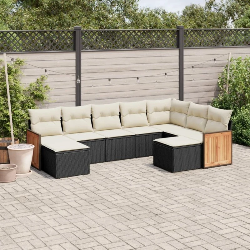 Havesofasæt 9 dele i polyrattan sort med hynder