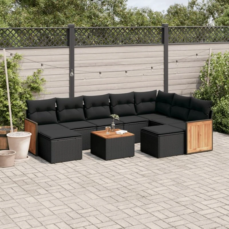 Havesofasæt 10 dele i polyrattan med hynder, sort