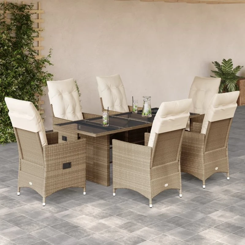 7-dele havemøbelsæt i polyrattan med hynder – beige