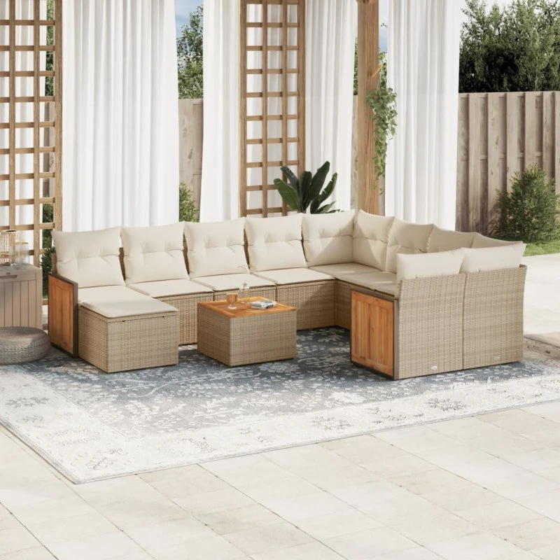 Havesofasæt 11 dele polyrattan beige m. hynder