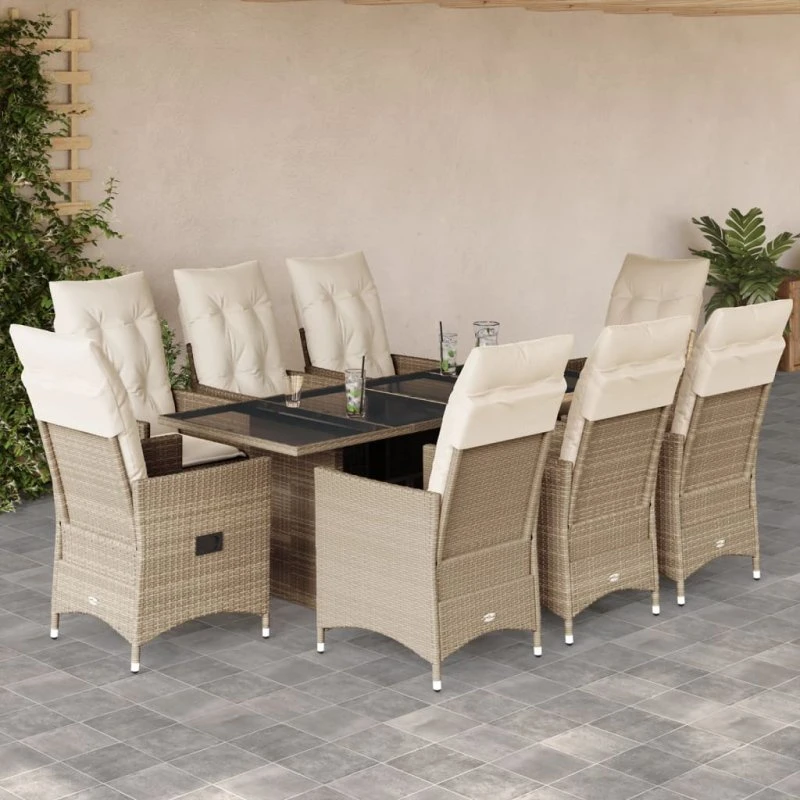 Spisebordssæt i polyrattan 9 dele beige med hynder