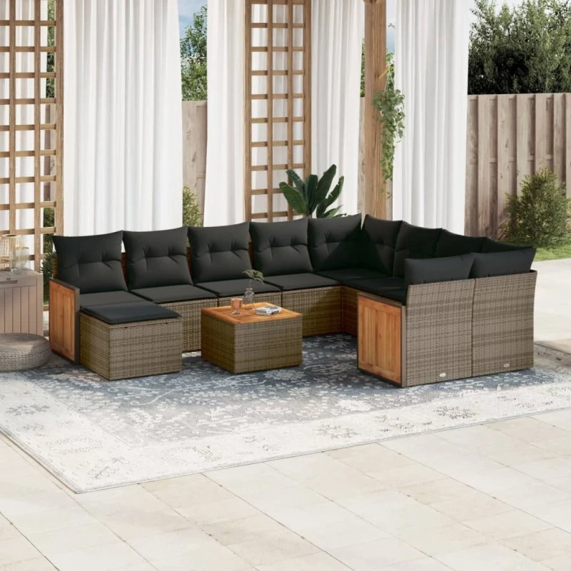 Loungesæt i polyrattan 11 dele med hynder - grå