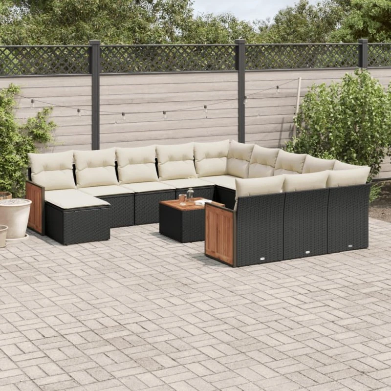 Havesofasæt 13 dele i sort polyrattan med hynder