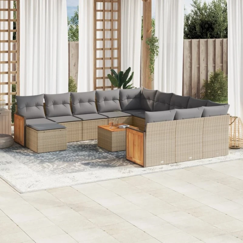 Havesofasæt 13 dele i polyrattan med hynder - beige