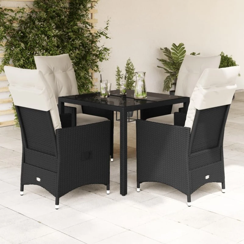 Spisebordssæt i sort polyrattan 5 dele med hynder