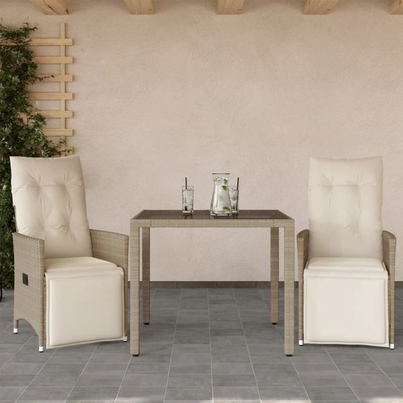 Bistrosæt polyrattan 3 dele med hynder – beige