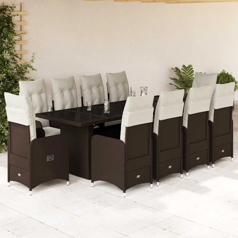 Bistrosæt i polyrattan 11 dele med hynder – brun