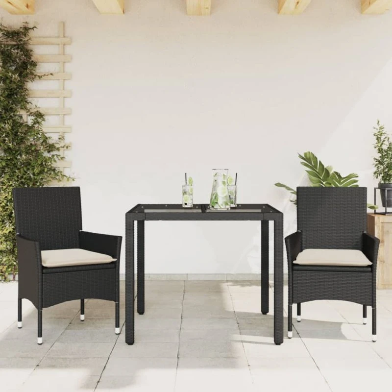 Havespisebordssæt 3 dele i sort polyrattan m. hynder