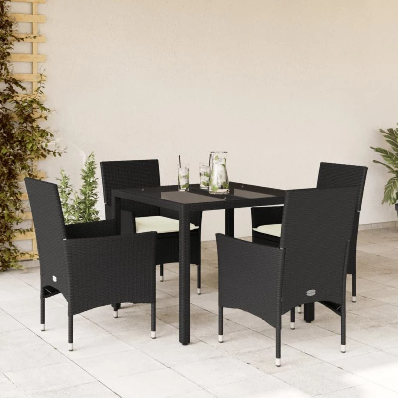 Havemøbelsæt 5 dele i polyrattan med hynder & glas - sort