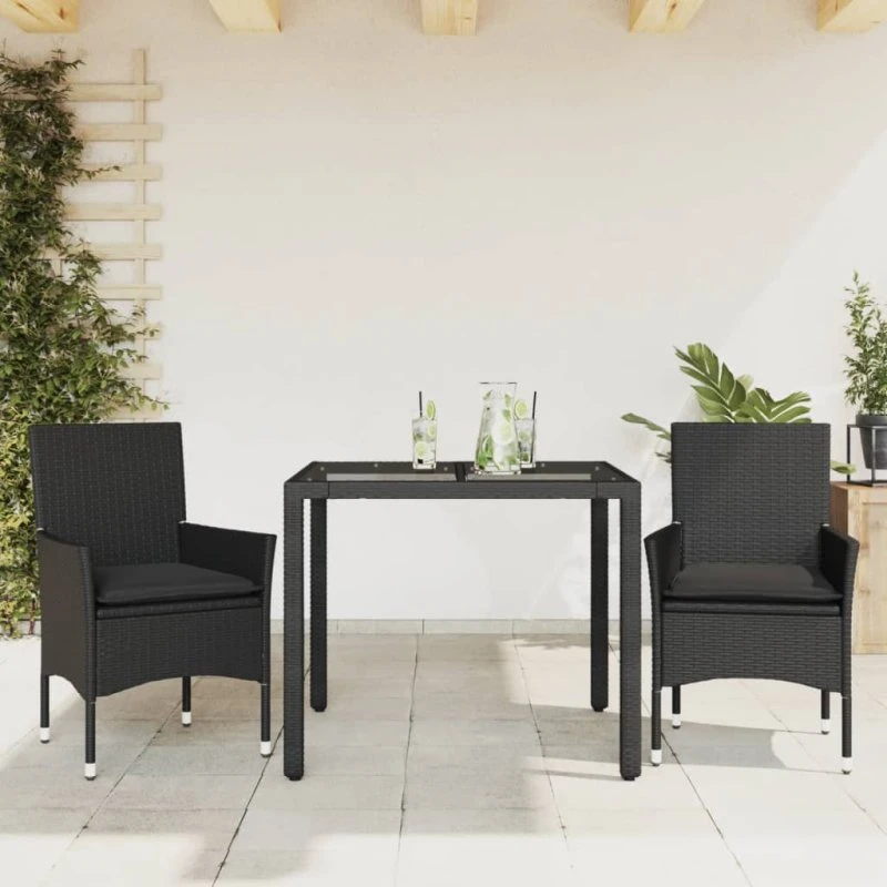 3-dele havemøbelsæt i polyrattan m. hynder og glas – sort