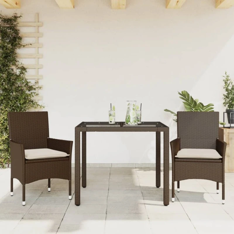 3-dele spisebordssæt i polyrattan med glas og hynder – brun