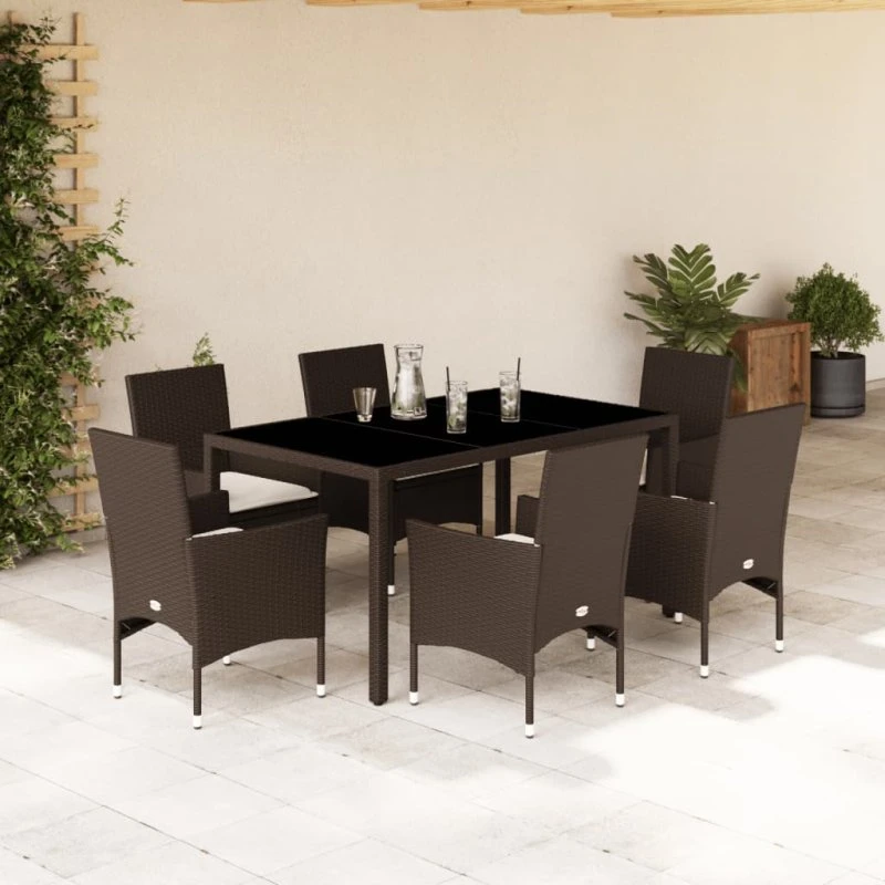 Havemøbelsæt 7 dele i polyrattan med hynder & glas