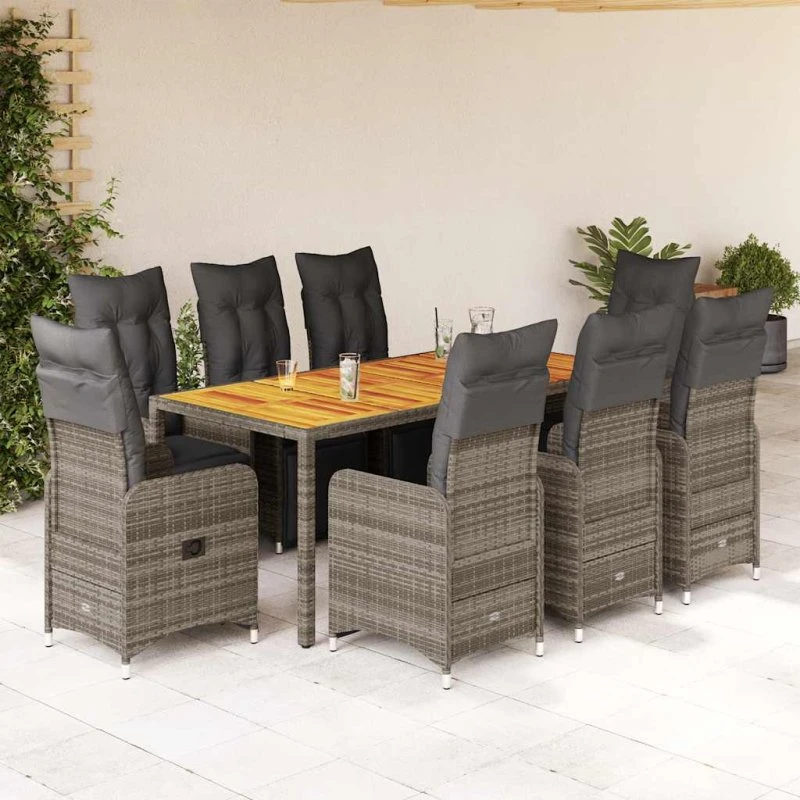Bistrosæt i polyrattan 9 dele med hynder, grå