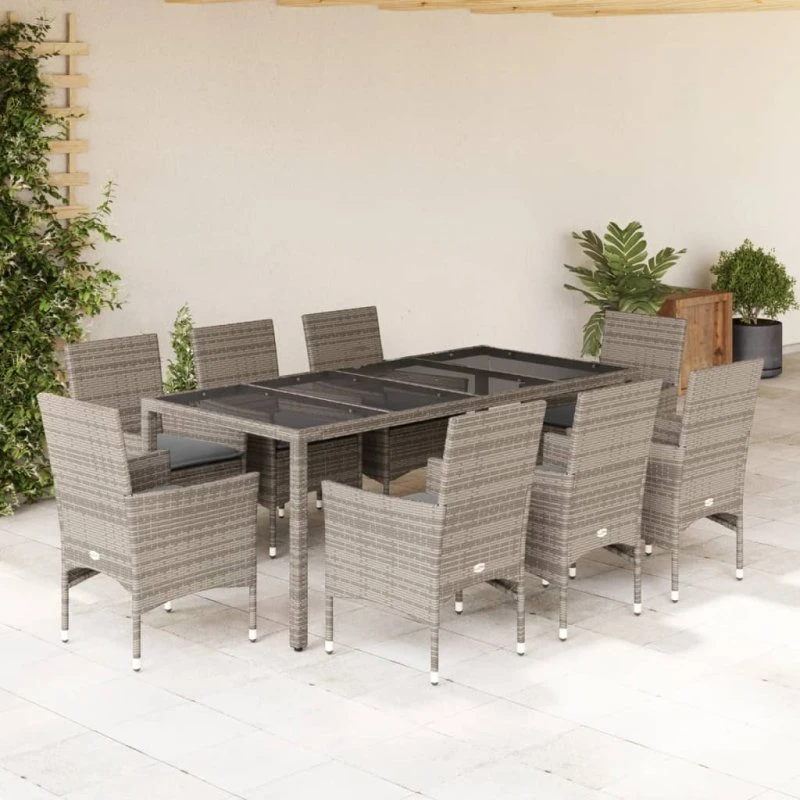 Spisebordssæt i polyrattan 9 dele med hynder & glas - Grå