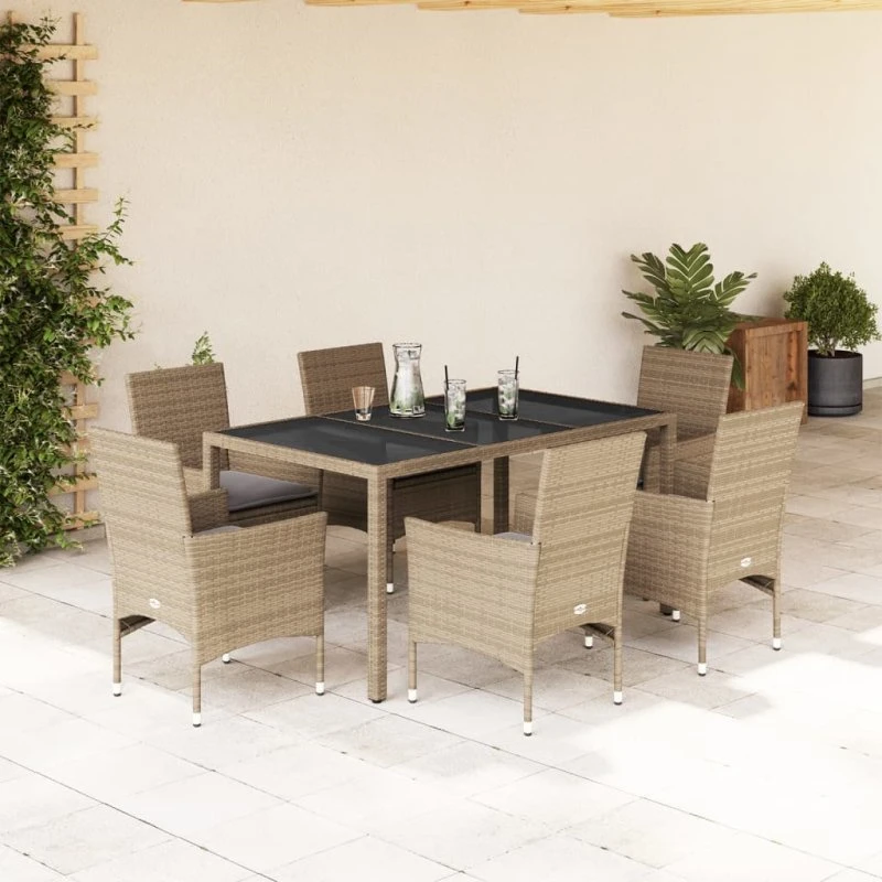 Havemøbelsæt 7 dele i polyrattan med hynder & glas