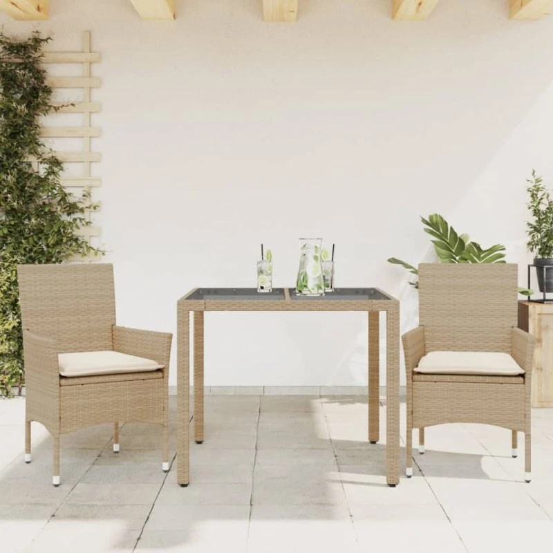 Spisebordssæt til haven 3 dele i polyrattan med hynder & glas