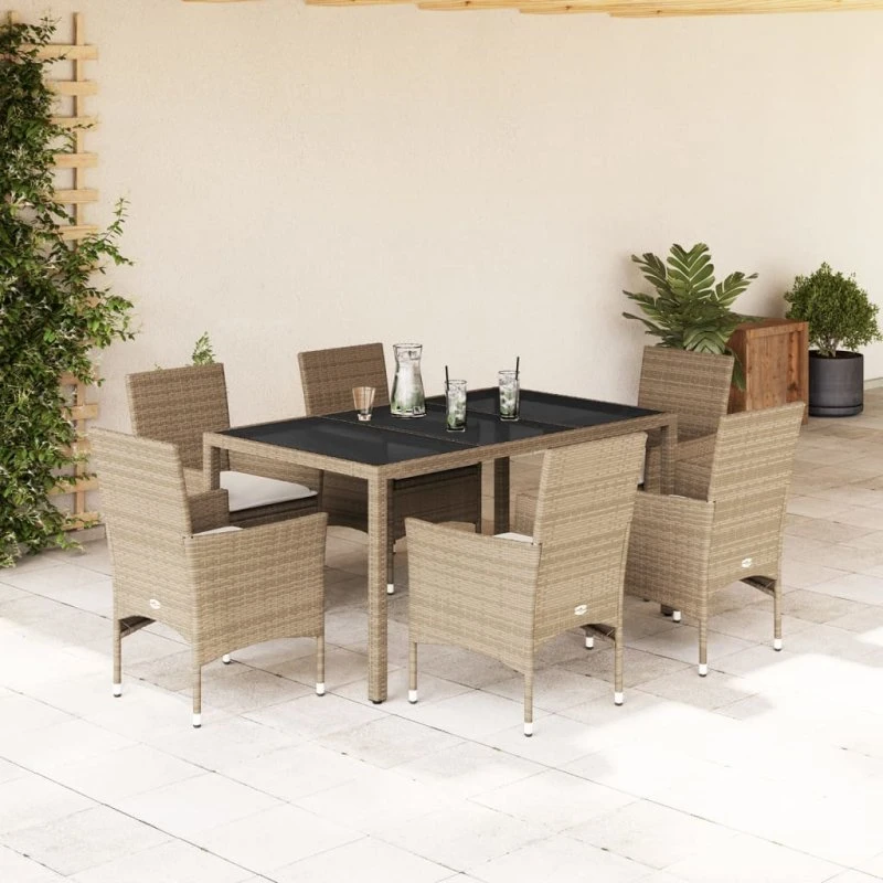 Havemøbelsæt 7 dele i polyrattan med hynder og glas