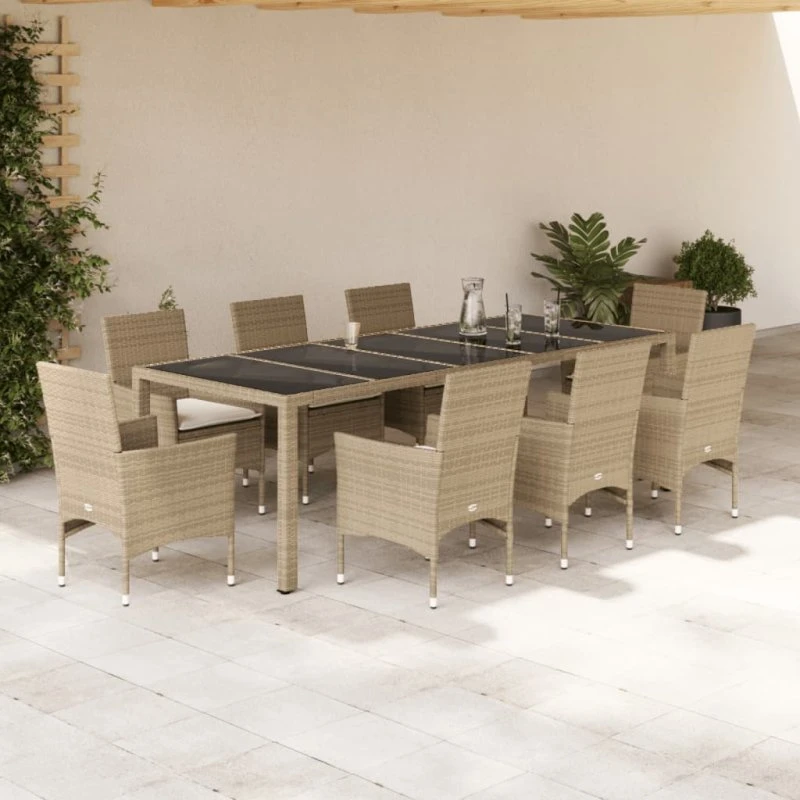 Spisebordssæt i polyrattan 9 dele med hynder & glas