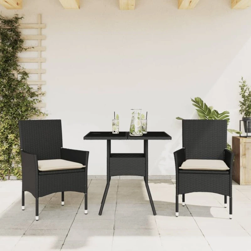 3-dele havemøbelsæt i polyrattan med hynder og glas, sort