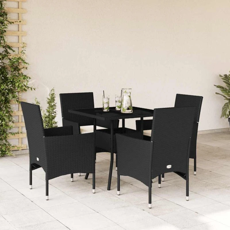 Spisebordssæt i polyrattan 5 dele med glas og hynder – sort