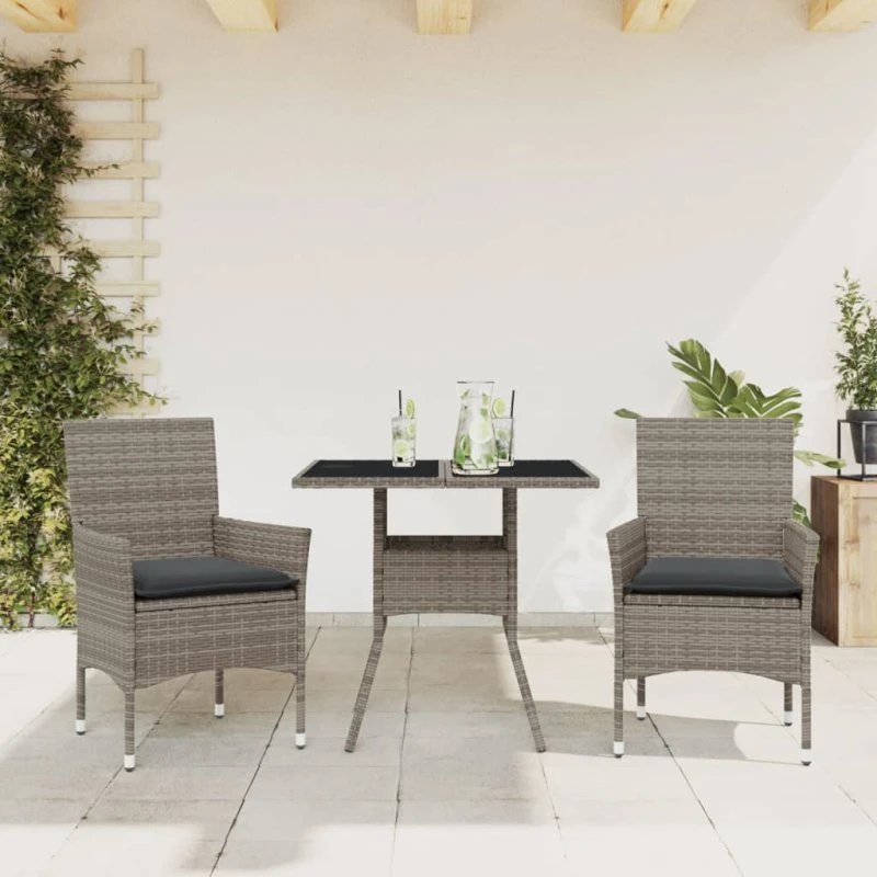 Spisebordssæt i polyrattan 3 dele med hynder og glas, grå