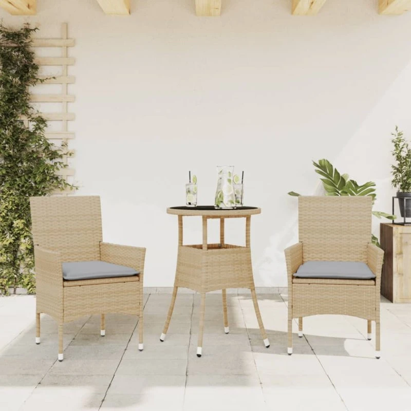 Havemøbelsæt 3 dele i polyrattan med hynder & glas
