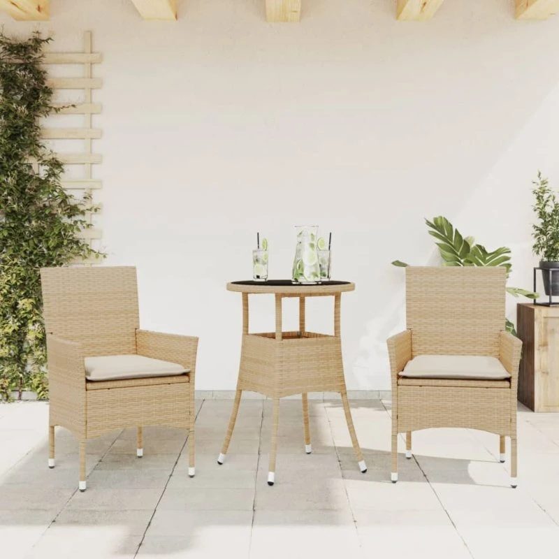 Havemøbelsæt 3 dele i polyrattan med hynder og glassbord