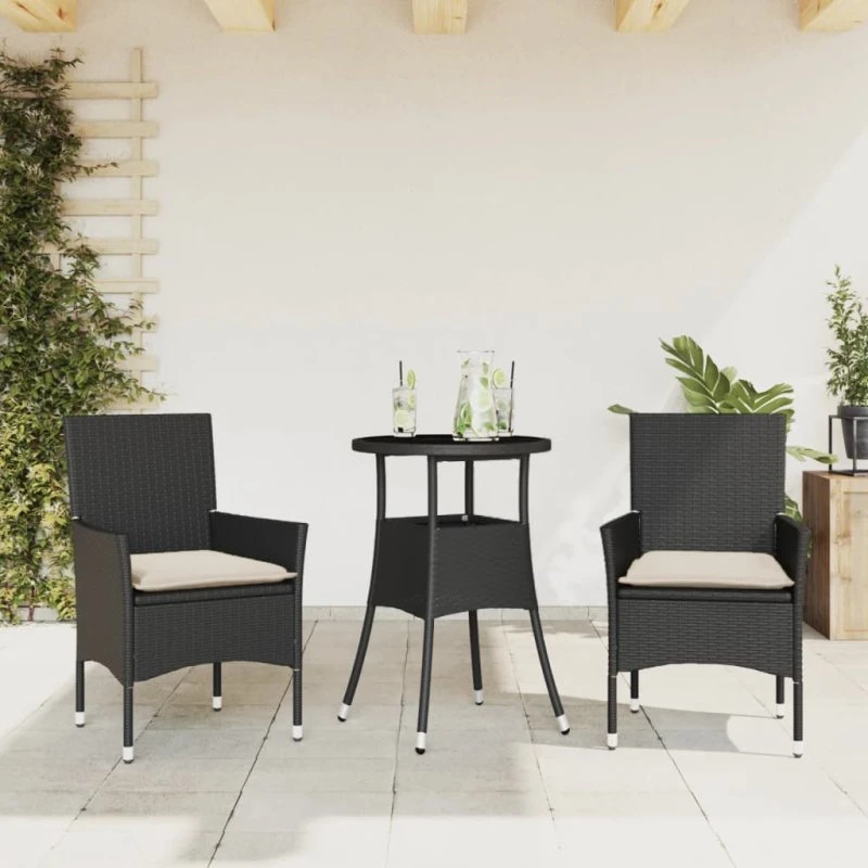 Havemøbelsæt 3 dele i polyrattan med glas, sort