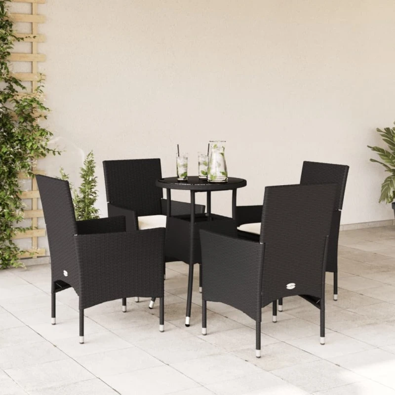 Havemøbelsæt 5 dele i polyrattan med hynder og glas (sort)
