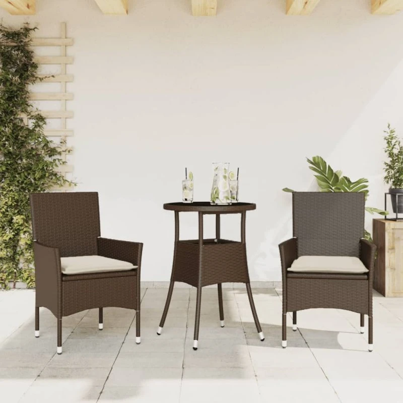 3-dele havemøbelsæt i brun polyrattan med hynder & glas