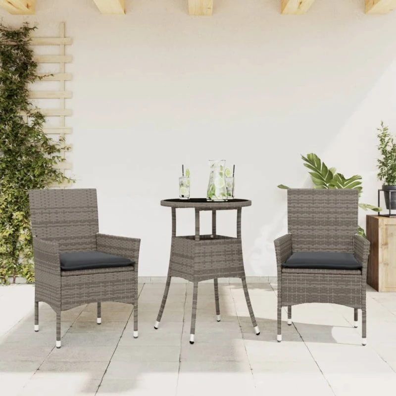 Spisebordssæt i polyrattan 3 dele med hynder og glas, grå
